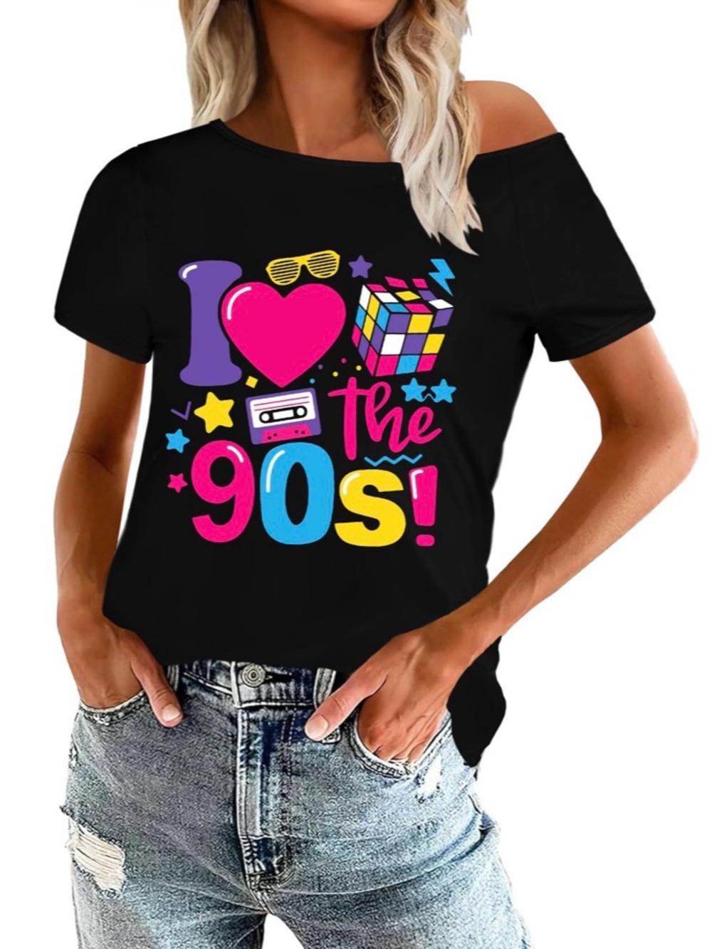 I Love The 90s Graphic Off-Shoulder Tee - Black